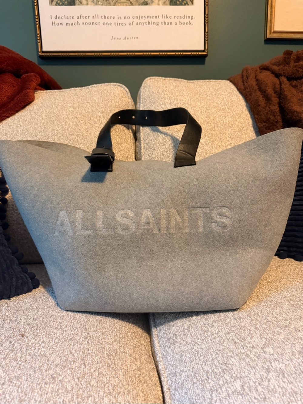 All Saints Gray Canvas Tote Bag with Black Handles - See Description